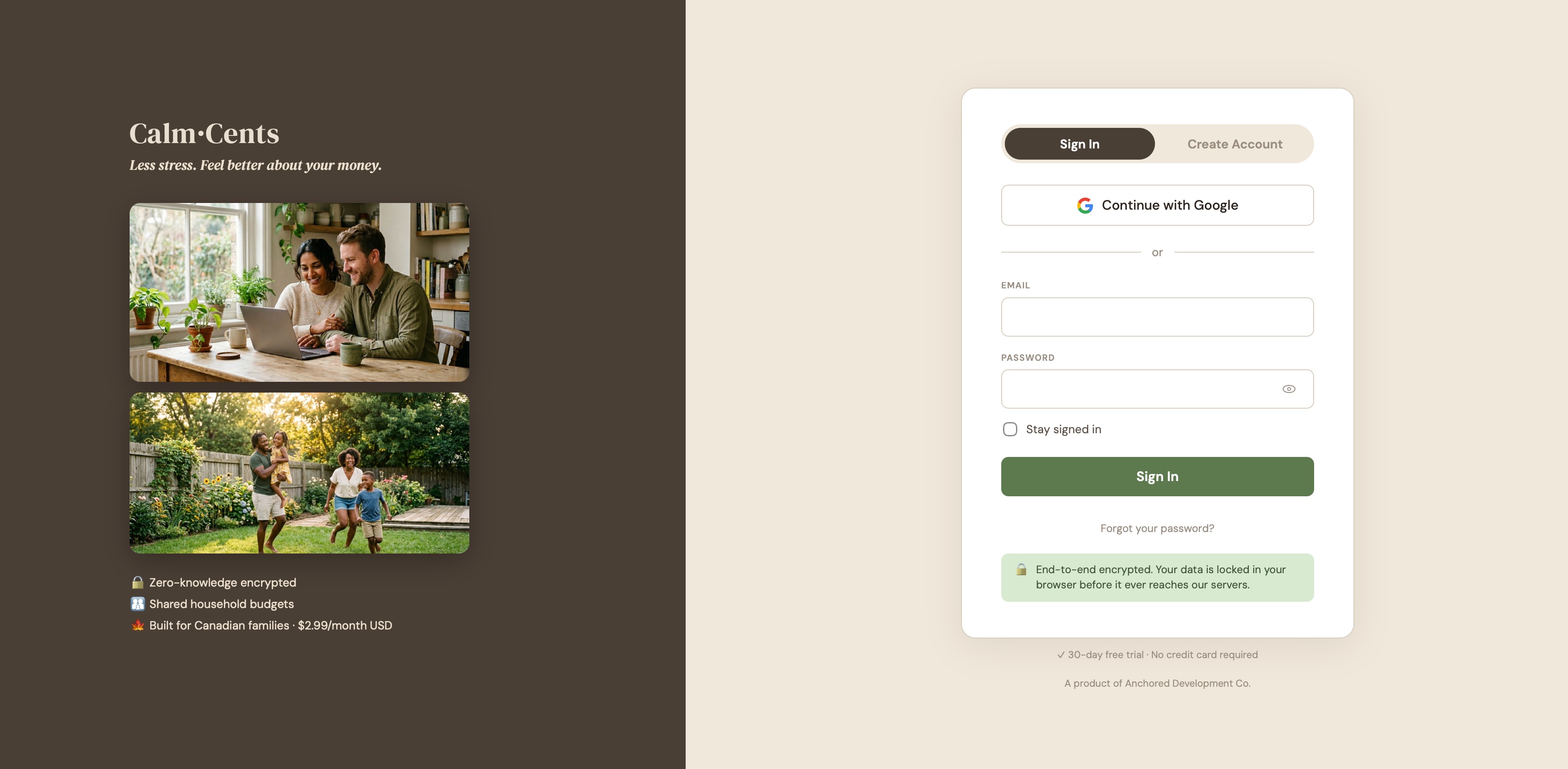 CalmCents sign up screen