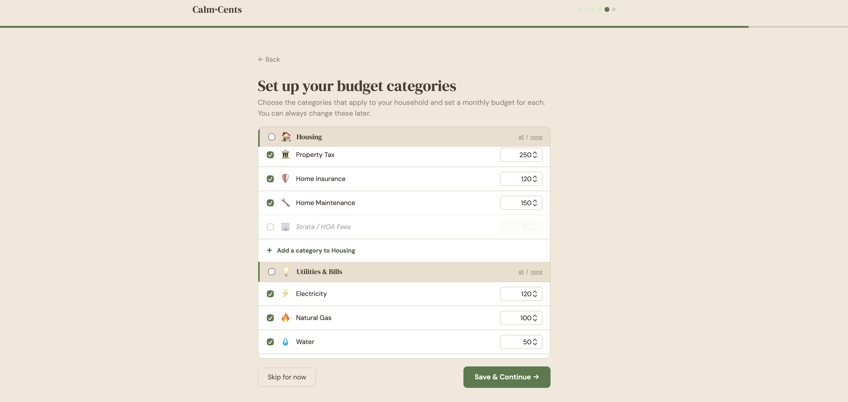 CalmCents category setup screen