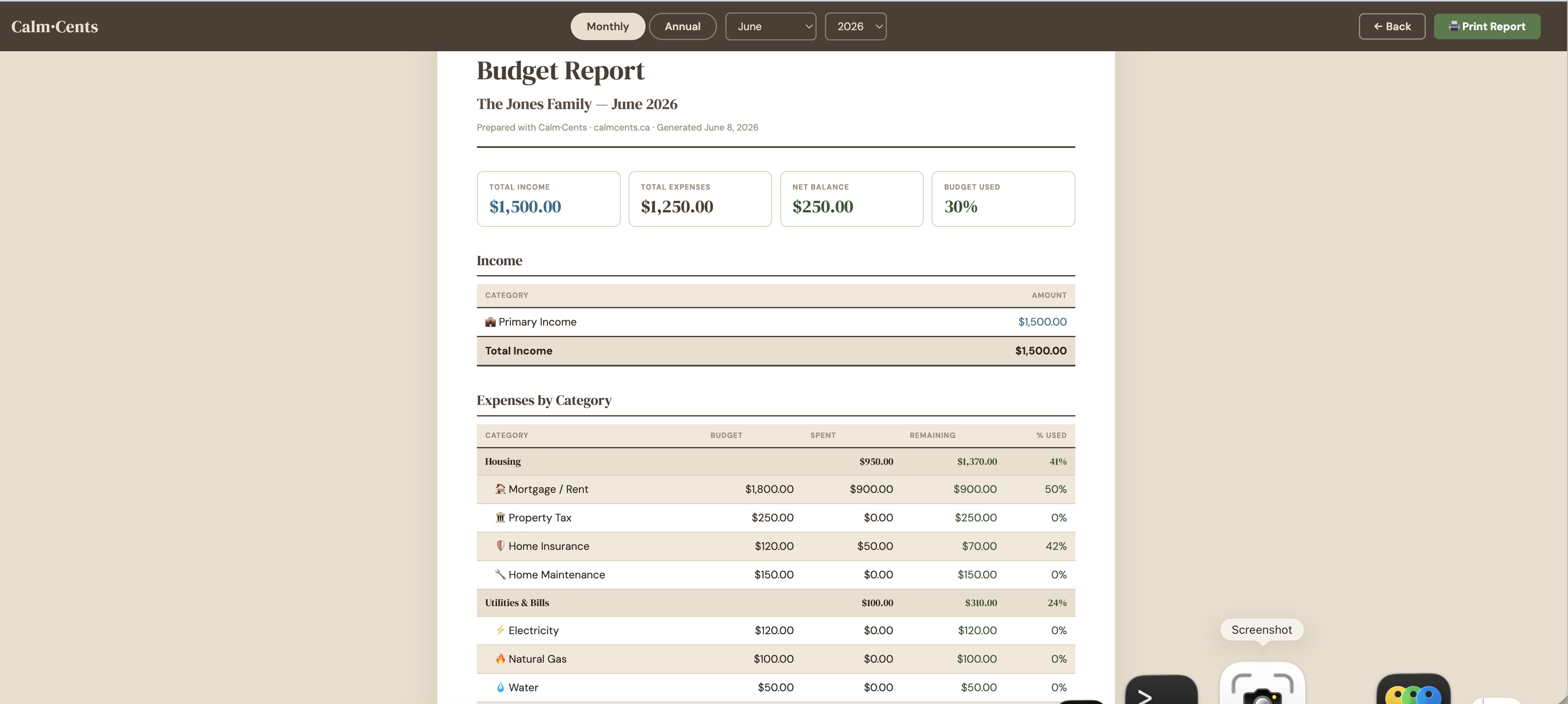CalmCents budget dashboard